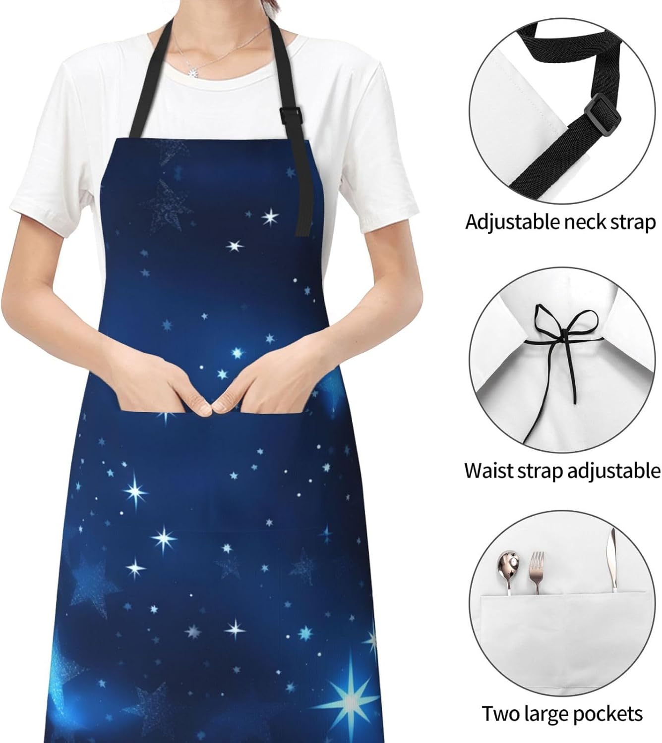 Blue Shining Stars pattern Print Laundry apron 28x33 In Waterproof Kitchen Apron with Pockets for Cooking Baking