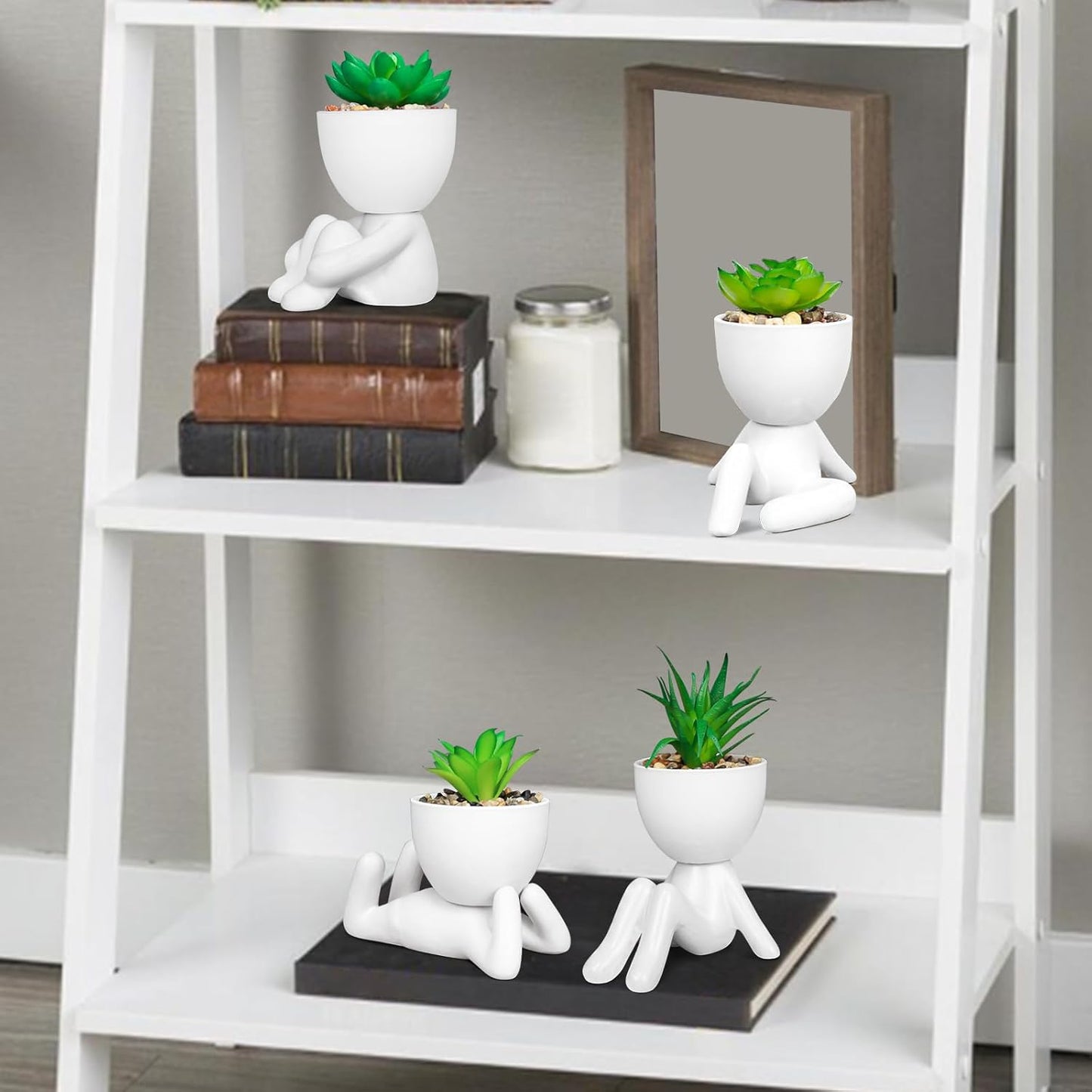 Pack of 4 White Mini Artificial Succulents, Ceramic Humanoid Greenery, Artificial Fake Plants, Bathroom Plants for Bathroom Decoration, Indoor Office, Christmas Decorations