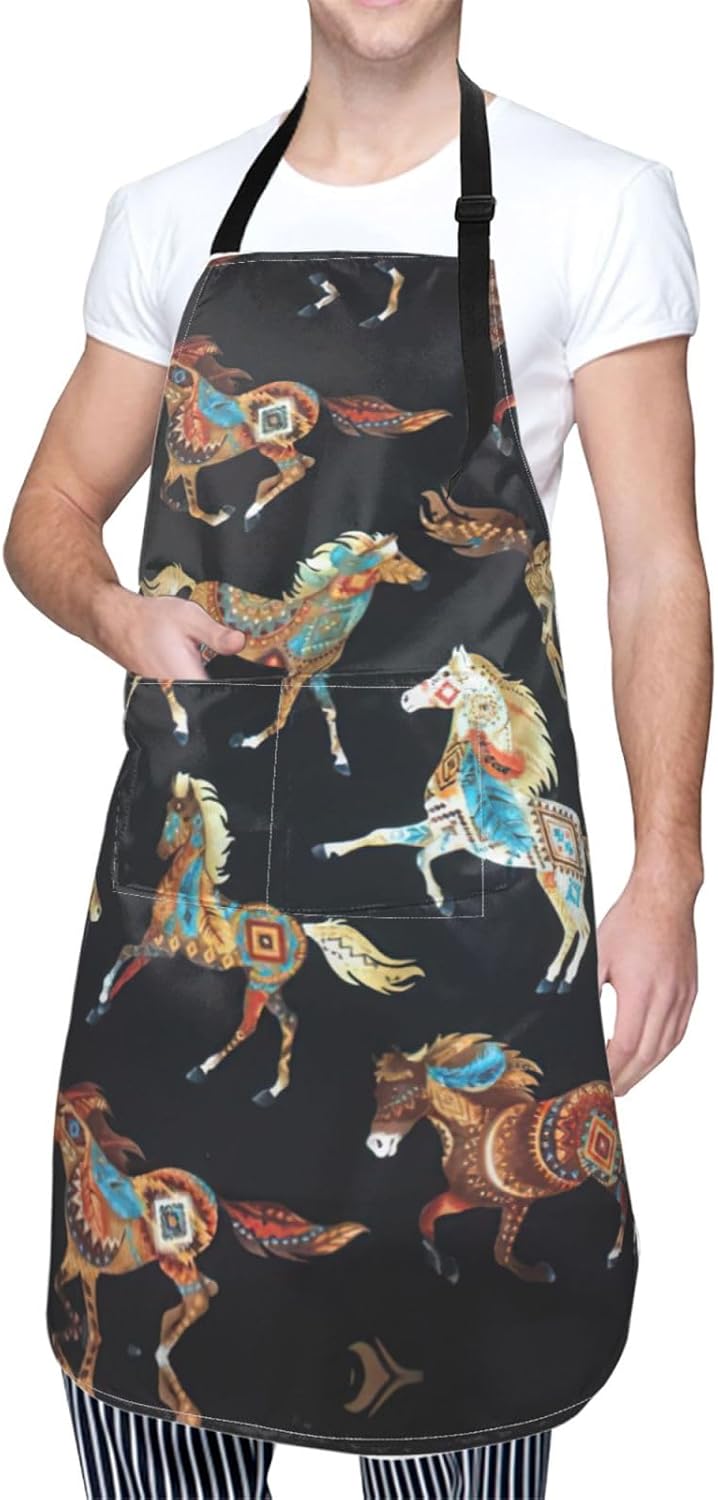 Brown Horse Print Laundry apron 28x33 In Waterproof Kitchen Apron with Pockets for Cooking Baking