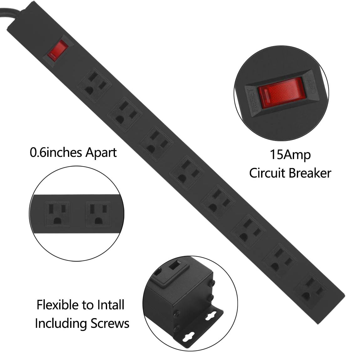 HHSOET Metal 8 Outlet Mountable Power Strip, Wall Mount Outlet Heavy D