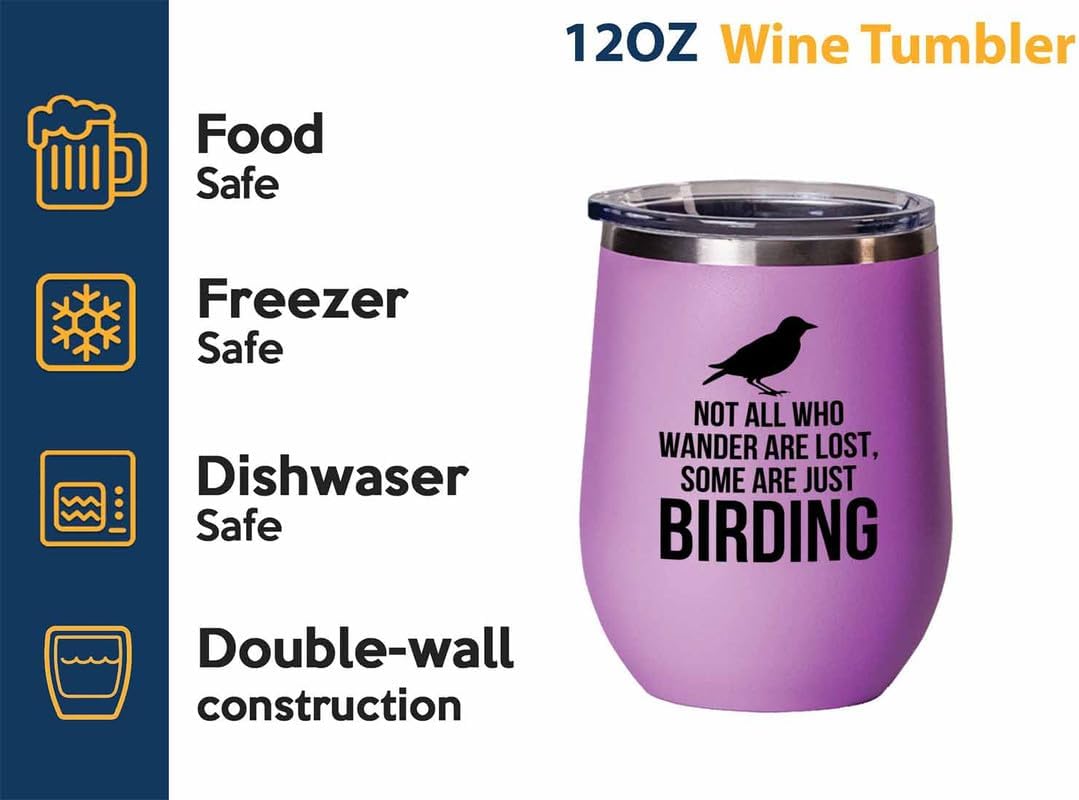 Birding Pink Edition Wine Tumbler 12oz - Not all who wander - Bird Feeder Backyard Birdwatcher Gifts Birding Bird Lover