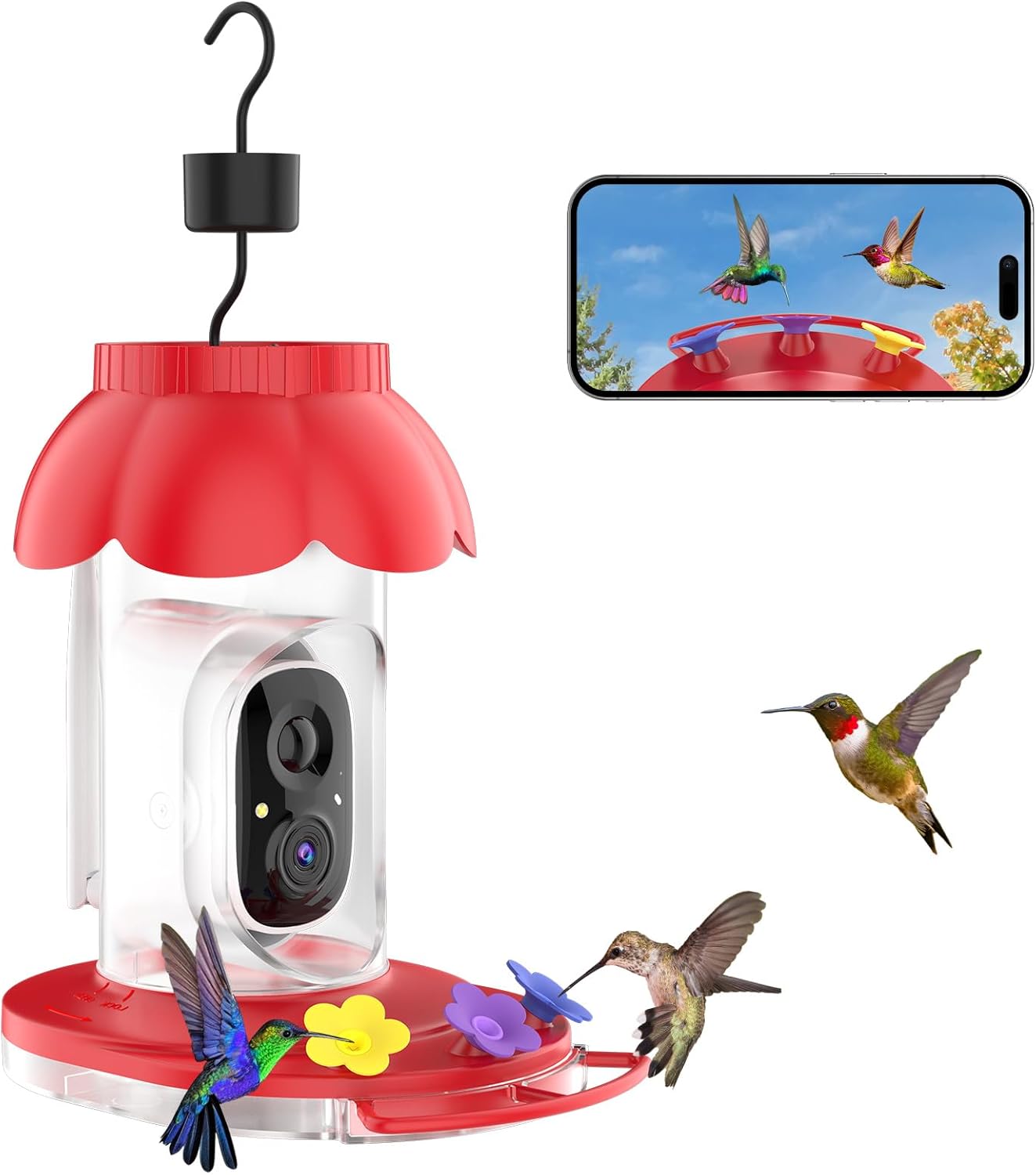 Smart Hummingbird Feeder with Camera Solar Powered, 2K Live View Humming Bird Watching Camera, AI Identify, Instant Notifications, Ant and Bee Proof, 3 Color Feeding Ports,Hanging on Porch Patio