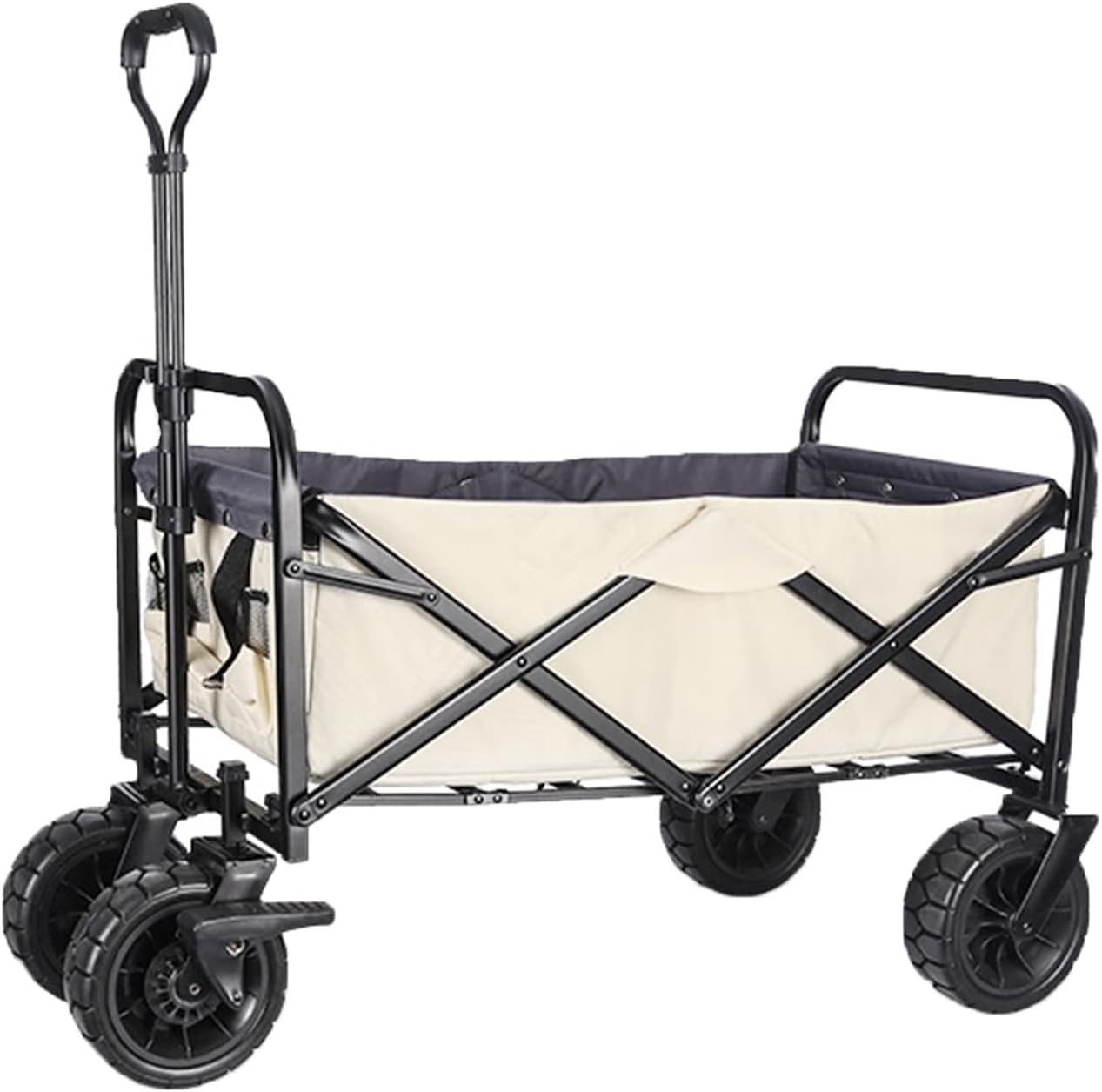 Collapsible Folding Wagon with Canopy - Portable Garden Cart, Off-Road Wheels, 220lbs Capacity, Ideal for Beach, Camping, Grocery, Sports - Beige Utility Trailer