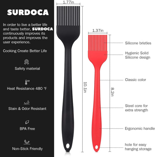 SURDOCA Silicone Pastry Basting Brush - 2Pcs 10 + 8 in Heat Resistant Brush for Baking Cooking Food, BPA Free Kitchen Brush for Sauce Butter Oil, Stainless Steel Core Design for Barbecue BBQ Grilling