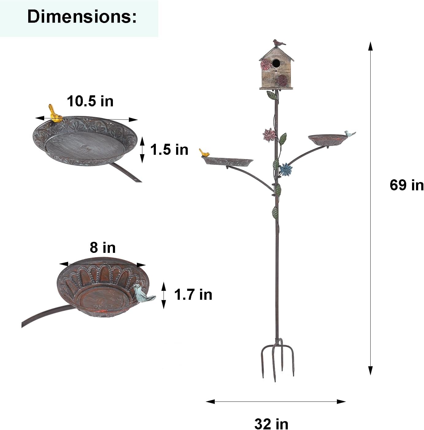69" H 3-in-1 Metal Bird House with Stake - Free Standing Bird Bath & Feeder Bowl for Outdoors, Birdhouse on Pole for Garden Yard Decor