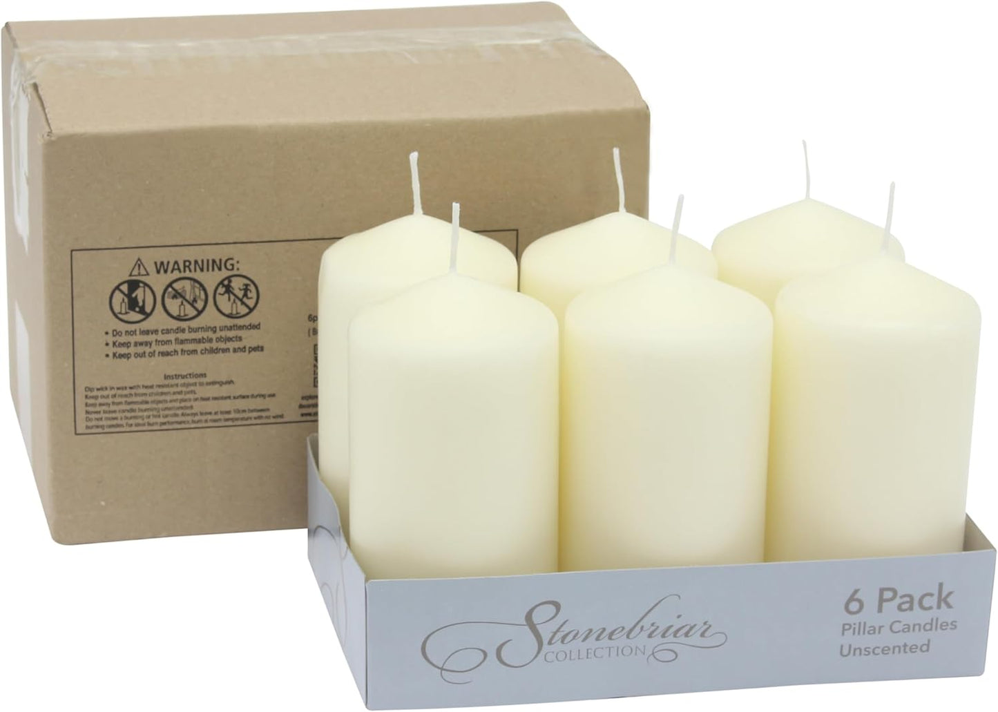 Stonebriar 6 Pack Tall 3 x 6 Inch 65 Hour Long Burning Unscented Ivory Wax Pillar Candles