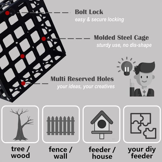 Suet Bird Feeder for Outdoors - Freestyle for Wall Mounting/Hook Hanging/DIY Creatives - One Cake Capacity Cage for Feeding Wild Birds Outside/Backyard/Garden