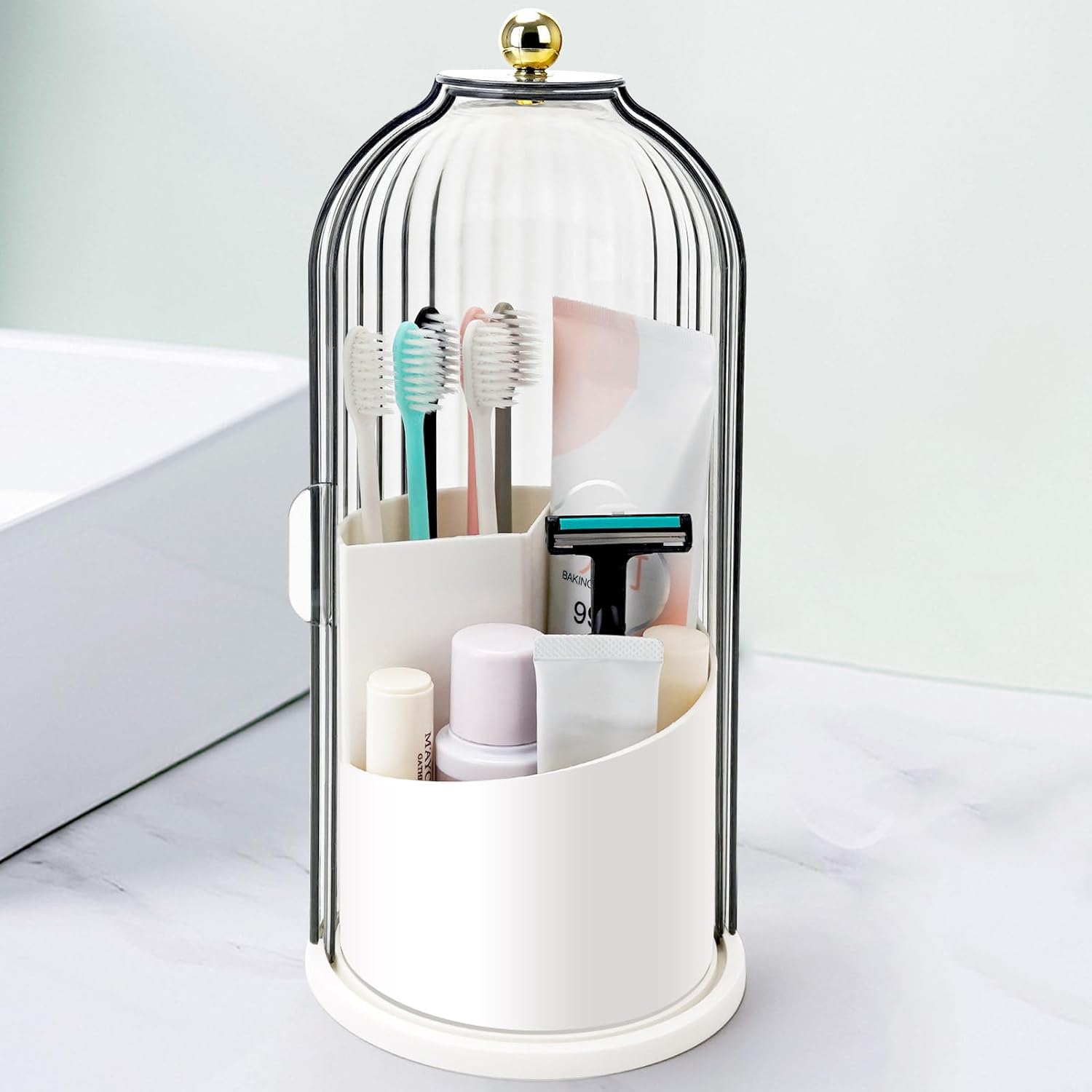 Toothbrush Holders with Sliding Lid, Rotating 3 Slots Bathroom Organiz
