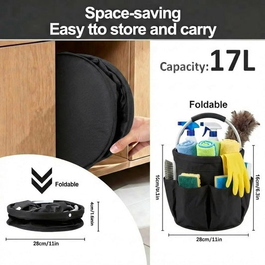 Multifunctional 17L Cleaning Caddy,Foldable 600D Organizer Bag with EVA Grip and 6 Pockets,Portable Storage Tote for Housekeeping,Car Detailing,Garden,Bathroom and Dorm (black)