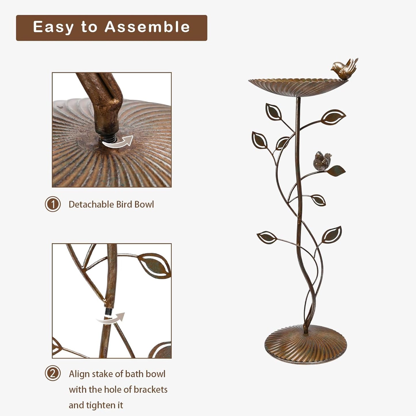 VCUTEKA Bird Baths for Outdoor, Metal Garden BirdBath with Bird Statue and Detachable Bird Bath Bowl for Yard Patio Lawn Decor, Brown