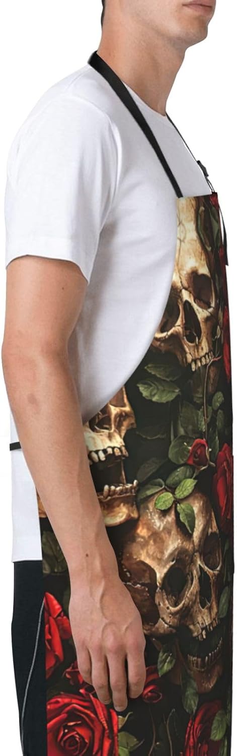 Skull and Red Rose print Waterproof chef's apron with pocket apron for kitchen cooking baking barbecue and gardening