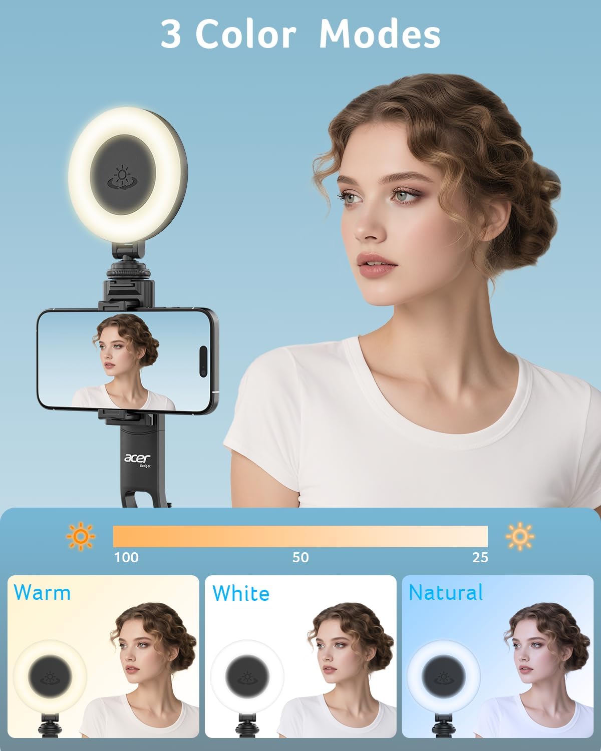 Acer Gadget Auto Face Tracking Tripod for iPhone/Cell Phone/Android/Camera with Light and Remote, 64", No App, 360°Rotating Tripod Selfie Stick for Tiktok YouTube Vlog Live Streaming Video Recording