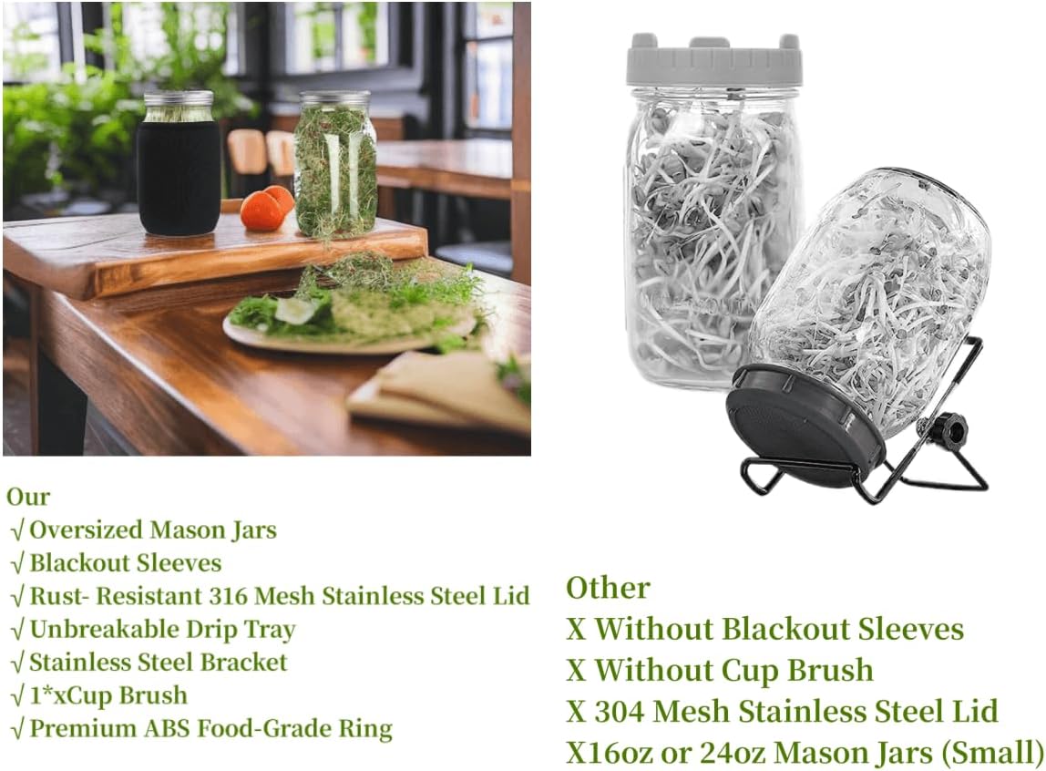 Lulonpon 4 Sprouting Jar Kit, Wide Mouth Quart Mason Jars with Stainless Steel Screen Sprout Lids, 86mm,1000ml,Stand,Tray and Canning Brush,Seed Sprouter Set for Growing Broccoli, Alfalfa