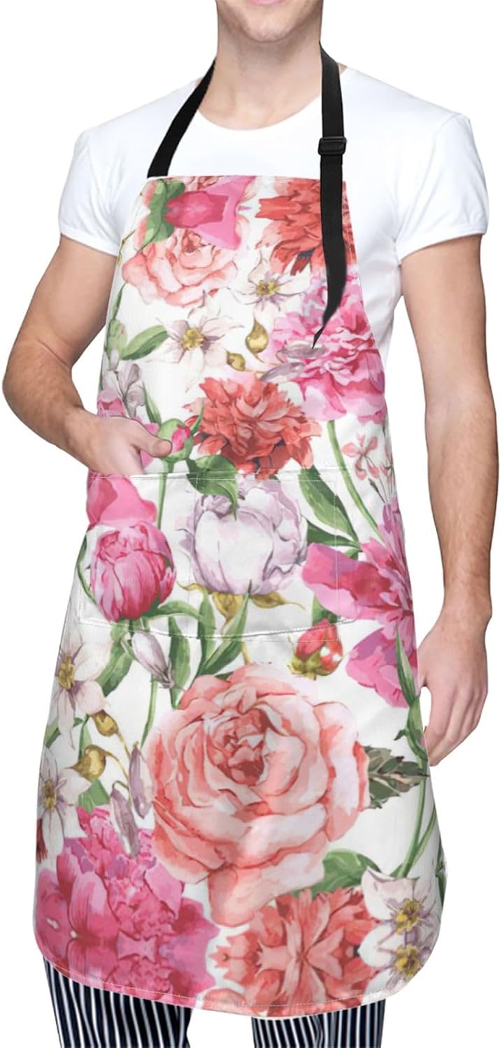 Garden Peony print Waterproof apron with pocket adjustable cooking apron for adult kitchen bibs to bake
