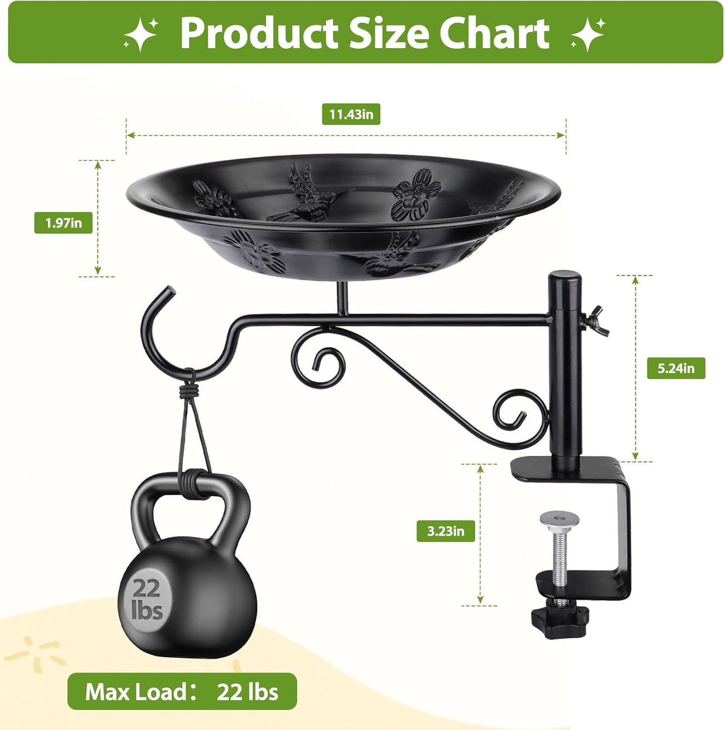 Balcony Bird Feeder, BOLITE Hanging Bird Bath Outdoors Deck Mounted with Garden Decorative Hook for Hanging Planters, Lanterns, Wind Chimes, Gifts for Women Men