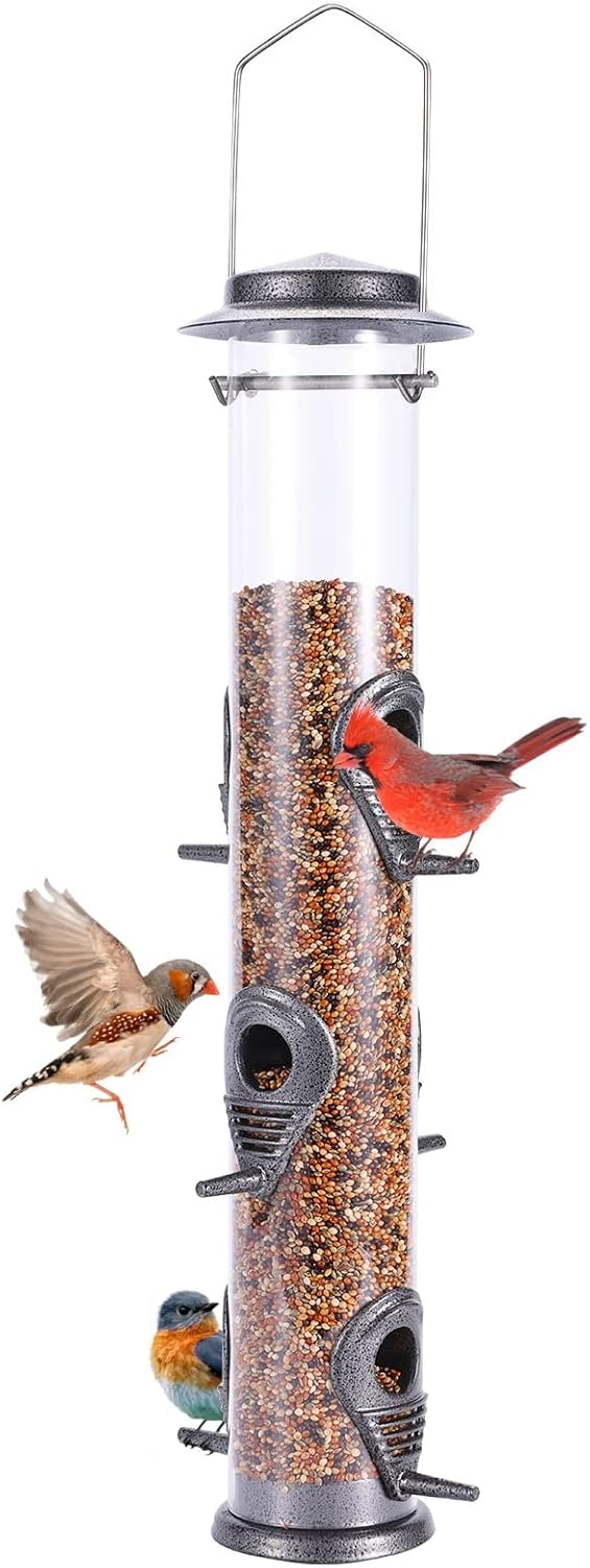 MIXXIDEA Metal Wild Bird Feeder, Squirrel Proof, Hanging 6 Port Tube Transparent Finch Feeder for Attracting Birds in Lawn, Garden, Balcony - Gray