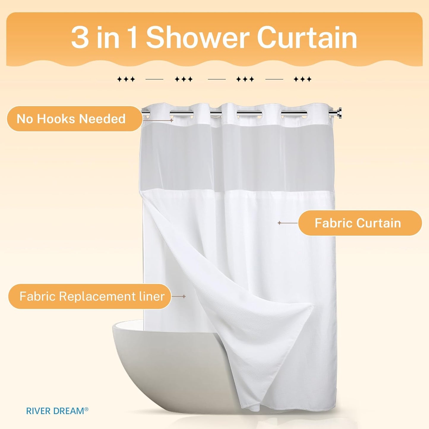 River Dream Heavyweight No Hooks Required Dotted Waffle Weave Shower Curtain with Snap in Liner，Bathroom Curtains Shower Set - 71W x 74H,Hotel Grade,Spa Like Bath Curtain,White