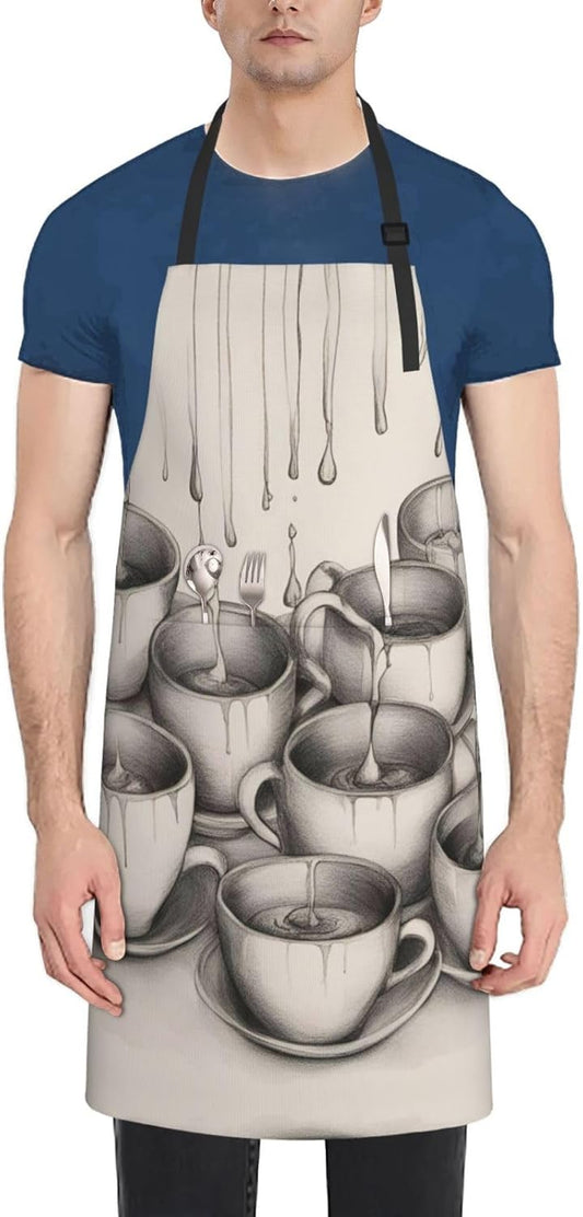 Hand Drawn Teapots and Cups print Waterproof chef's apron with pocket apron for kitchen cooking baking barbecue and gardening