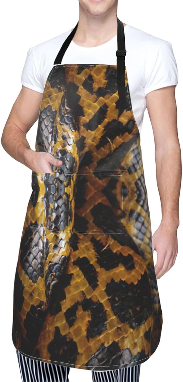 Yellow Snake print Waterproof apron with pocket adjustable cooking apr