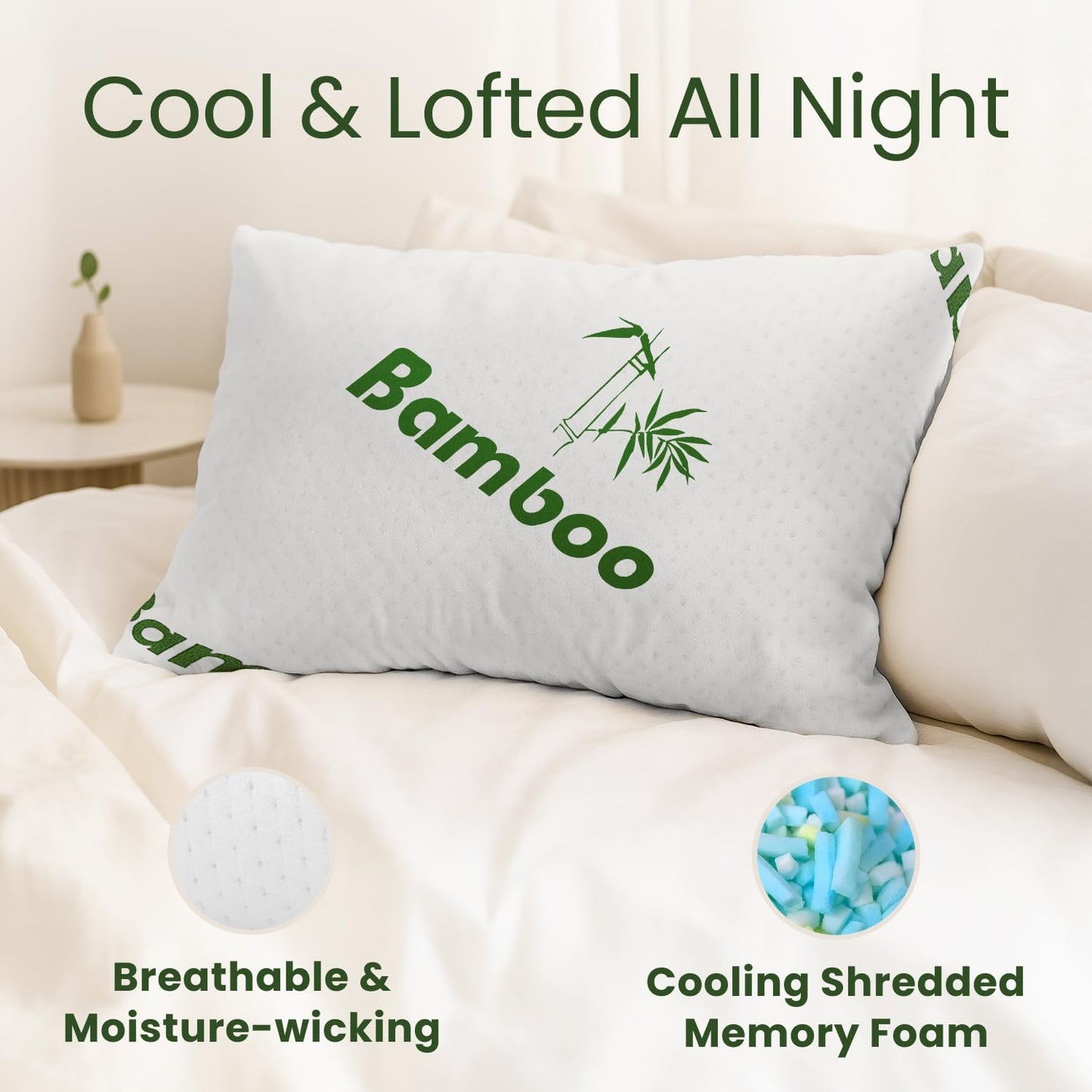 Memory Foam Pillows Queen Size Set of 2 - Cooling Bed Pillows for Sleeping - Back, Stomach, Side Sleeper Firm, Comfy Cool Shredded - 2 Pack, Rayon Derived from Bamboo