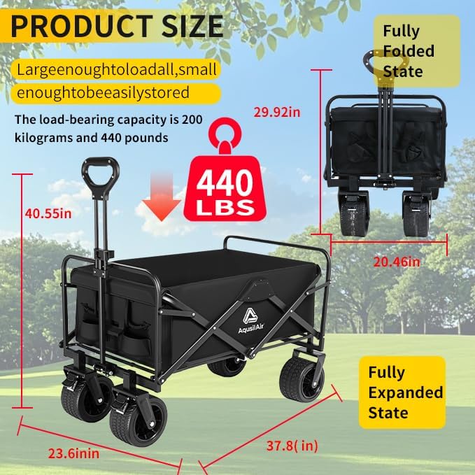 Collapsible Wagon with Wheels, 440 lbs Wagons Carts Foldable Wagon Car