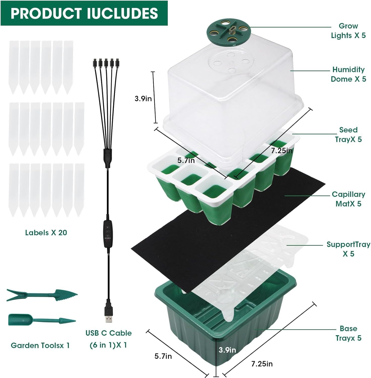 Seed Starter Tray with Grow Light,5 Pack 60 Cells Seedling Tray Kit Re