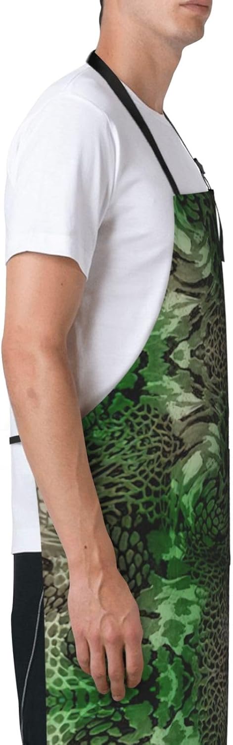 Green Snake Print 28x33 In Adult Kitchen Apron with Pockets Versatile Chef Smock for Cooking Baking