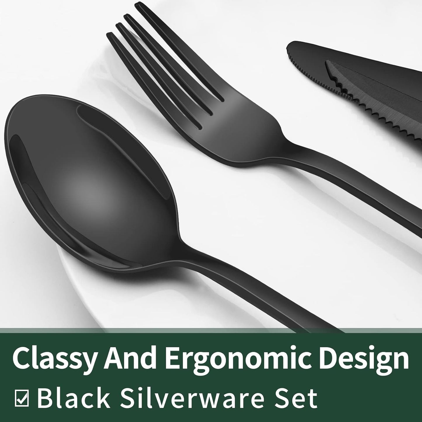EWFEN 24-Piece Black Silverware Set with Steak Knives, Black Flatware 