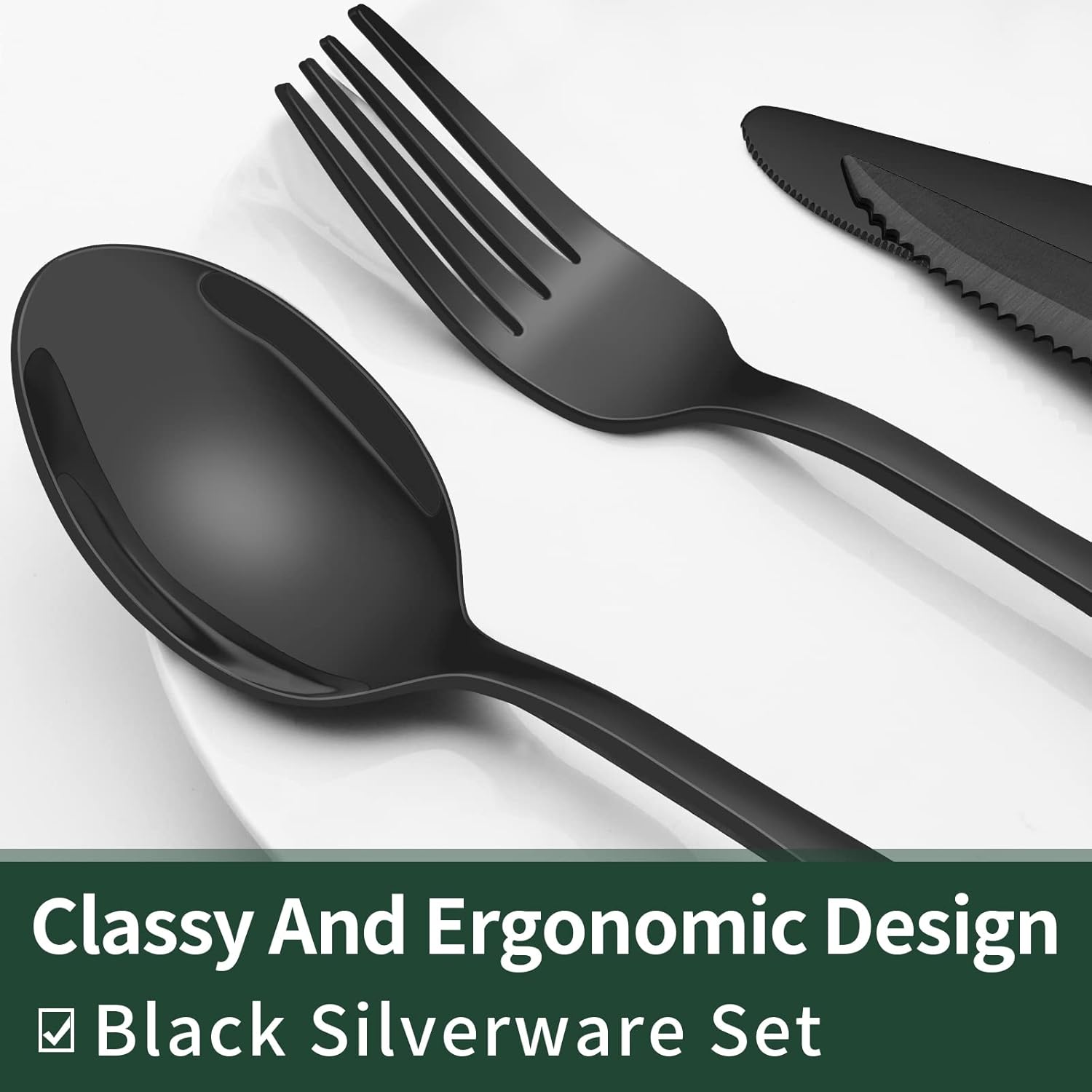 EWFEN 24-Piece Black Silverware Set with Steak Knives, Black Flatware 