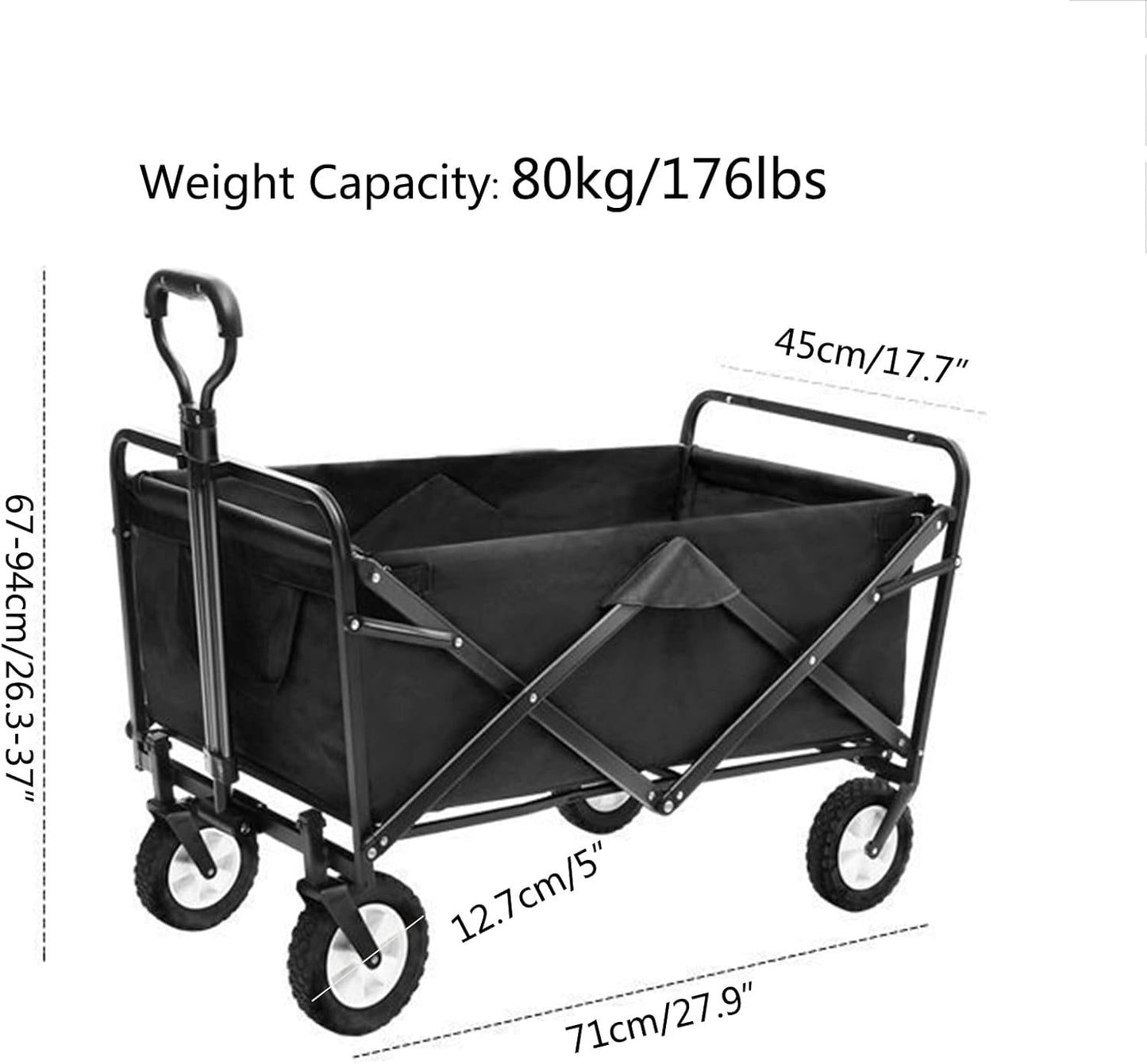 Collapsible Folding Utility Wagon Cart for Outdoor Camping, Beach, Garden & Sports - Adjustable Handles, Heavy-Duty, 80 KG/176 lbs Capacity, Portable & Easy to Transport, Black