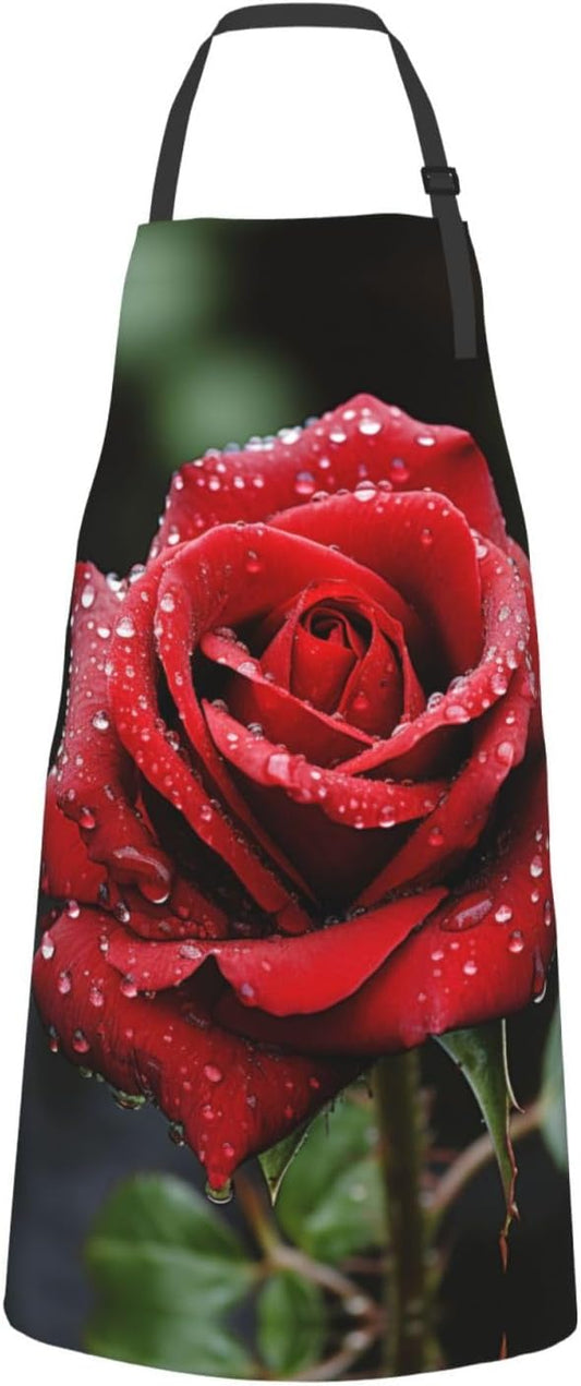 Red Rose print Waterproof apron with pocket adjustable cooking apron for adult kitchen bibs to bake