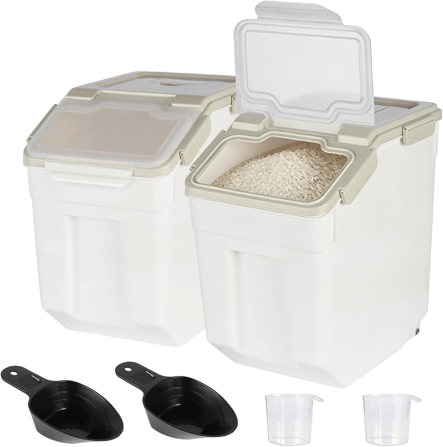 PENCK Rice Storage Container 50 lbs Large Household Flour Sugar Containers Airtight Grain Cereal Dispenser with Wheels, Locking Lid & Measuring Cup for Kitchen Pantry Organization, 2 Pack(Grey)