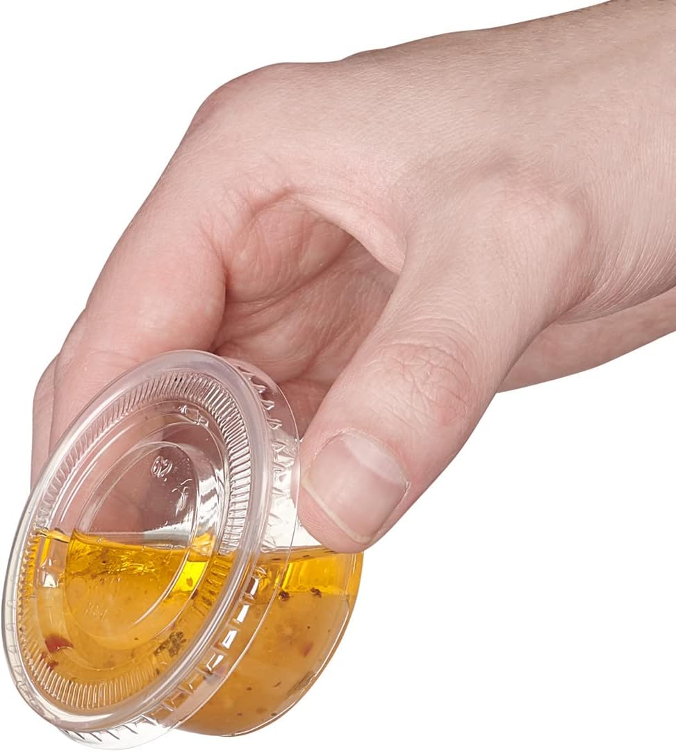 GUSTO 2 oz Jello Shot Cups with Lids [100 Count] Clear Plastic Portion Containers, Condiment Cups for Sauces, Dressings & Samples – Durable, Stackable, Leak-Resistant (Formerly Comfy Package)