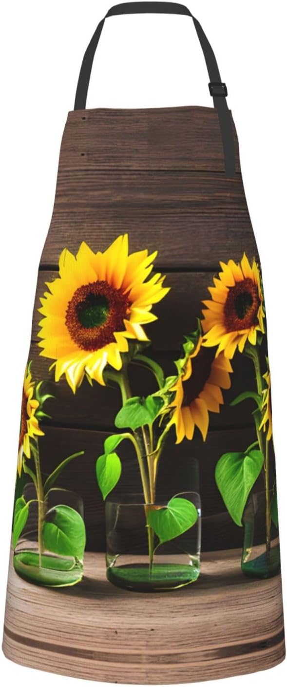 Three Sunflowers on Wooden print Waterproof chef's apron with pocket a