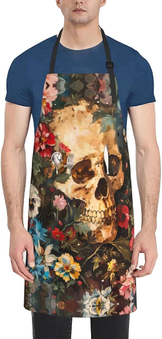 Floral Skull print Waterproof chef's apron with pocket apron for kitchen cooking baking barbecue and gardening