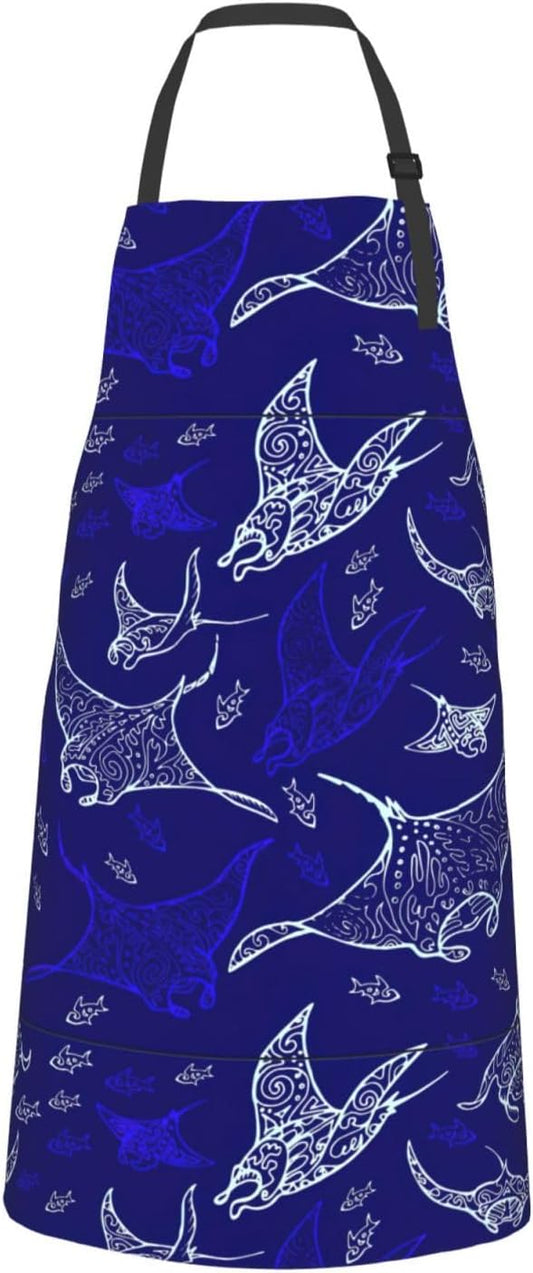 Manta Ray and Fish print Waterproof apron with pocket adjustable cooking apron for adult kitchen bibs to bake