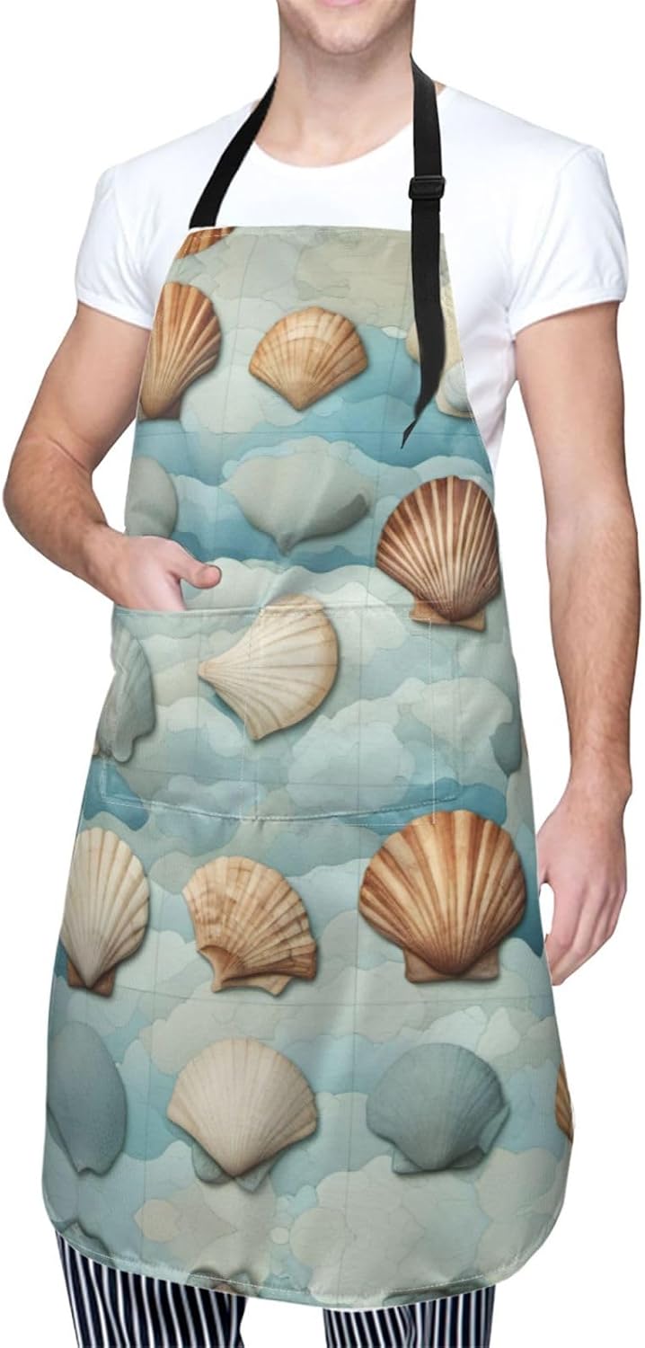 Sea Shell print Waterproof chef's apron with pocket apron for kitchen cooking baking barbecue and gardening