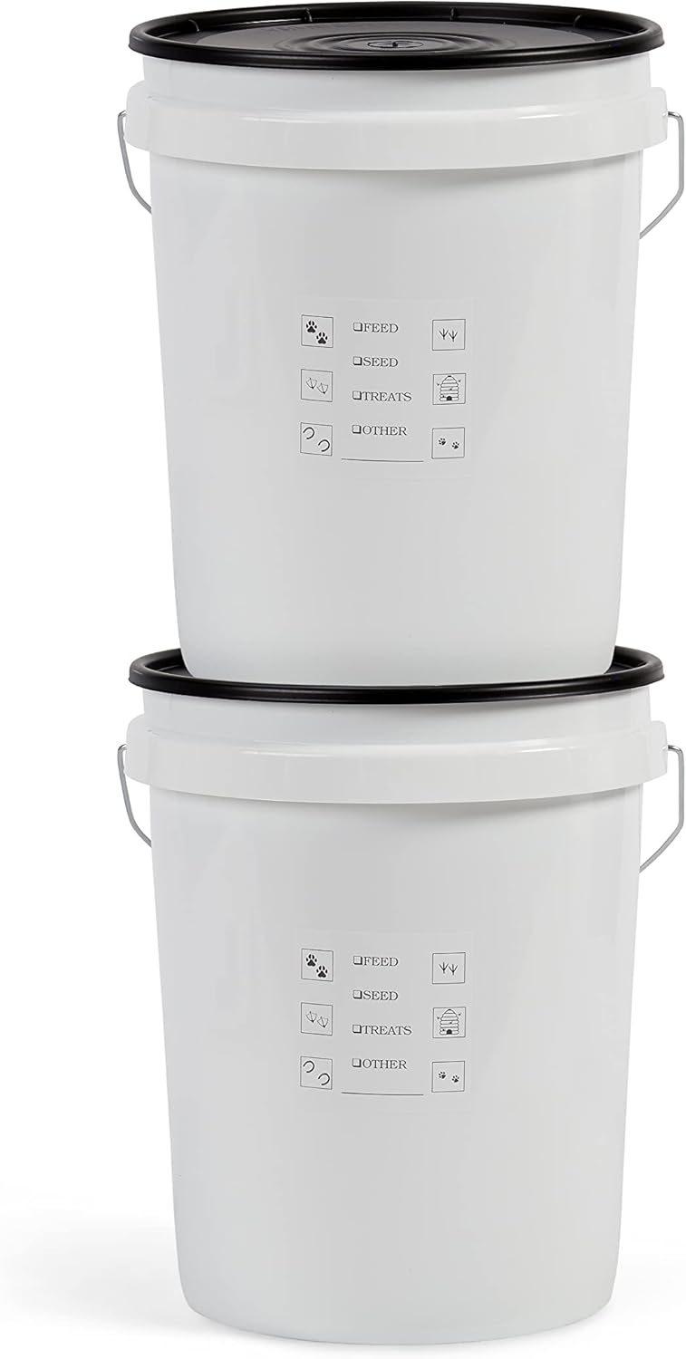 United Solutions Airtight Pet Food Storage Container, 5 Gallon Capacity, Great for Dog Food, Cat Food, Bird Seed, Dry Food Storage, White Container with Black Lid, 2-Pack