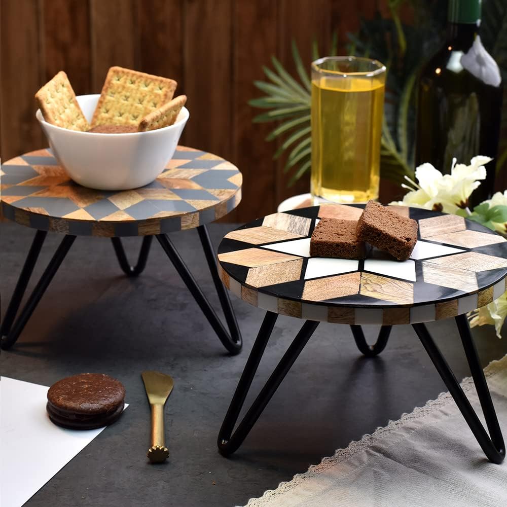 Indian Shelf Wooden Cake Stand | Wood Plant Stand Outdoor | Floral Reusable Fruit Dessert Cheese Serving Stand [Brown and Grey, 2 Pack]