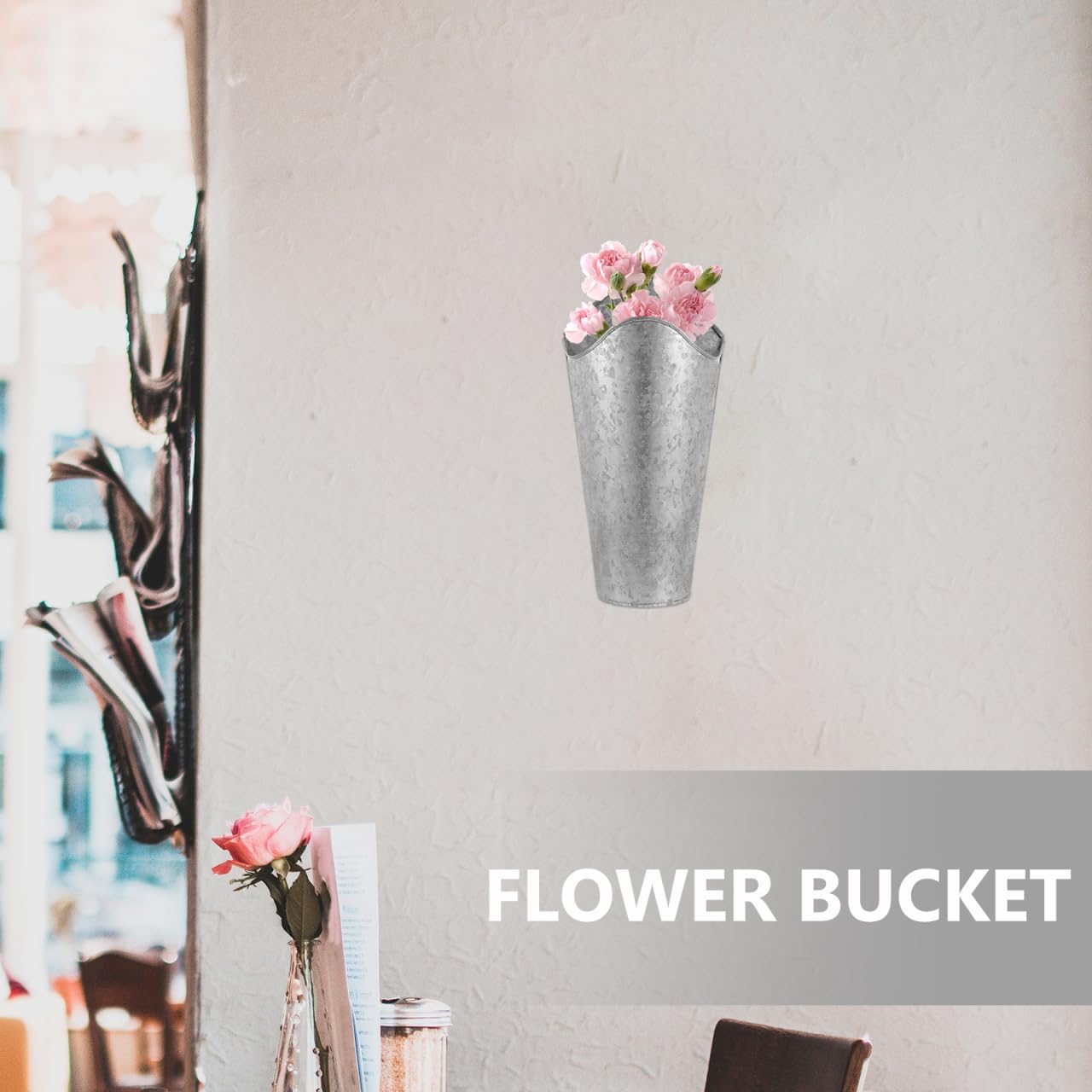 Rustic Metal Flower Bucket 5.9X11.8X3.5 Inch Wall Hanging Planter Tin Bucket for Indoor Outdoor Flower Arrangement Home Decor