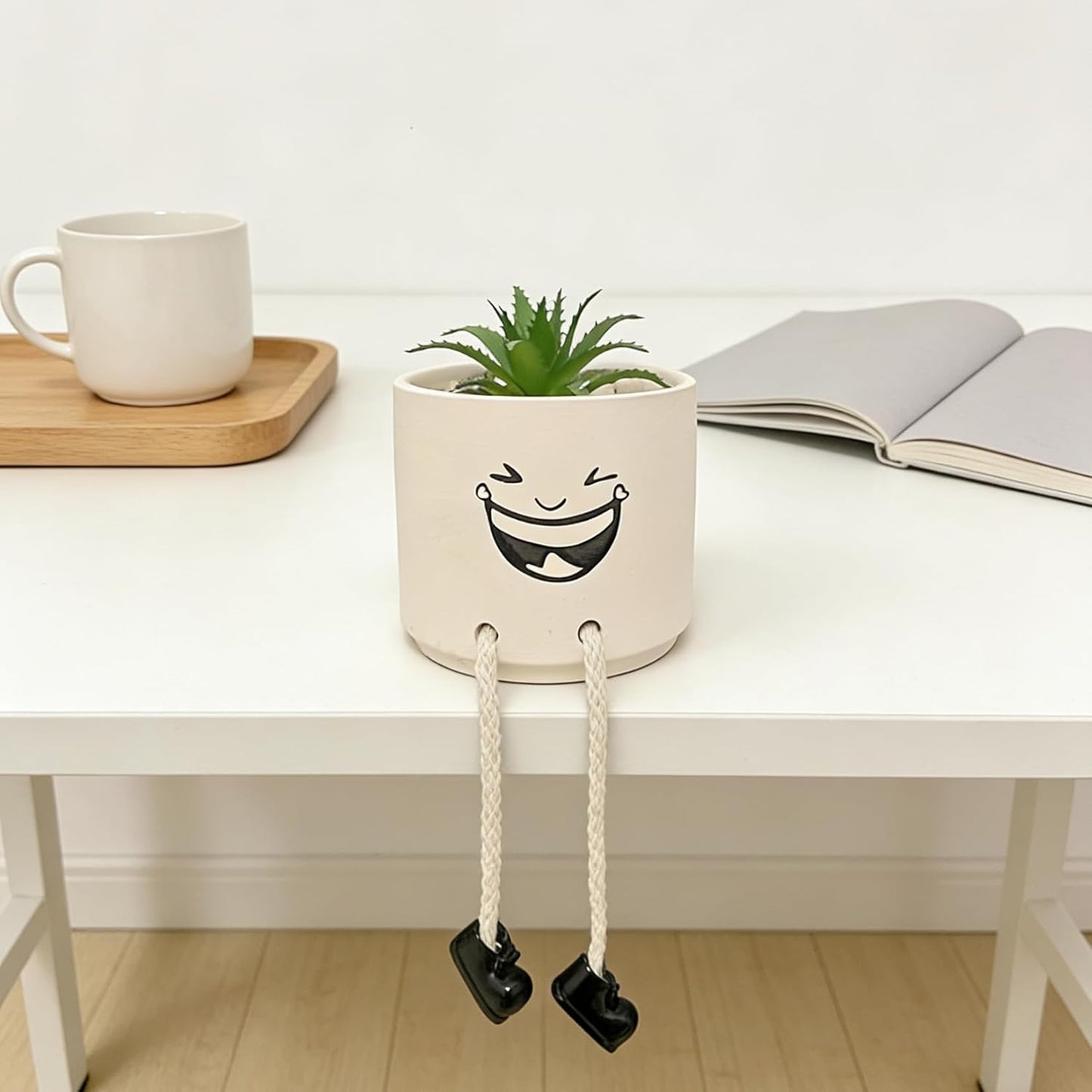 Artificial Succulents Potted Plant, Beige Cute Ceramics Planter with Faux Plants, Small Fake Plants Office Decor for Women Small Plants Pot with Hanging Leg for Shelf Decor