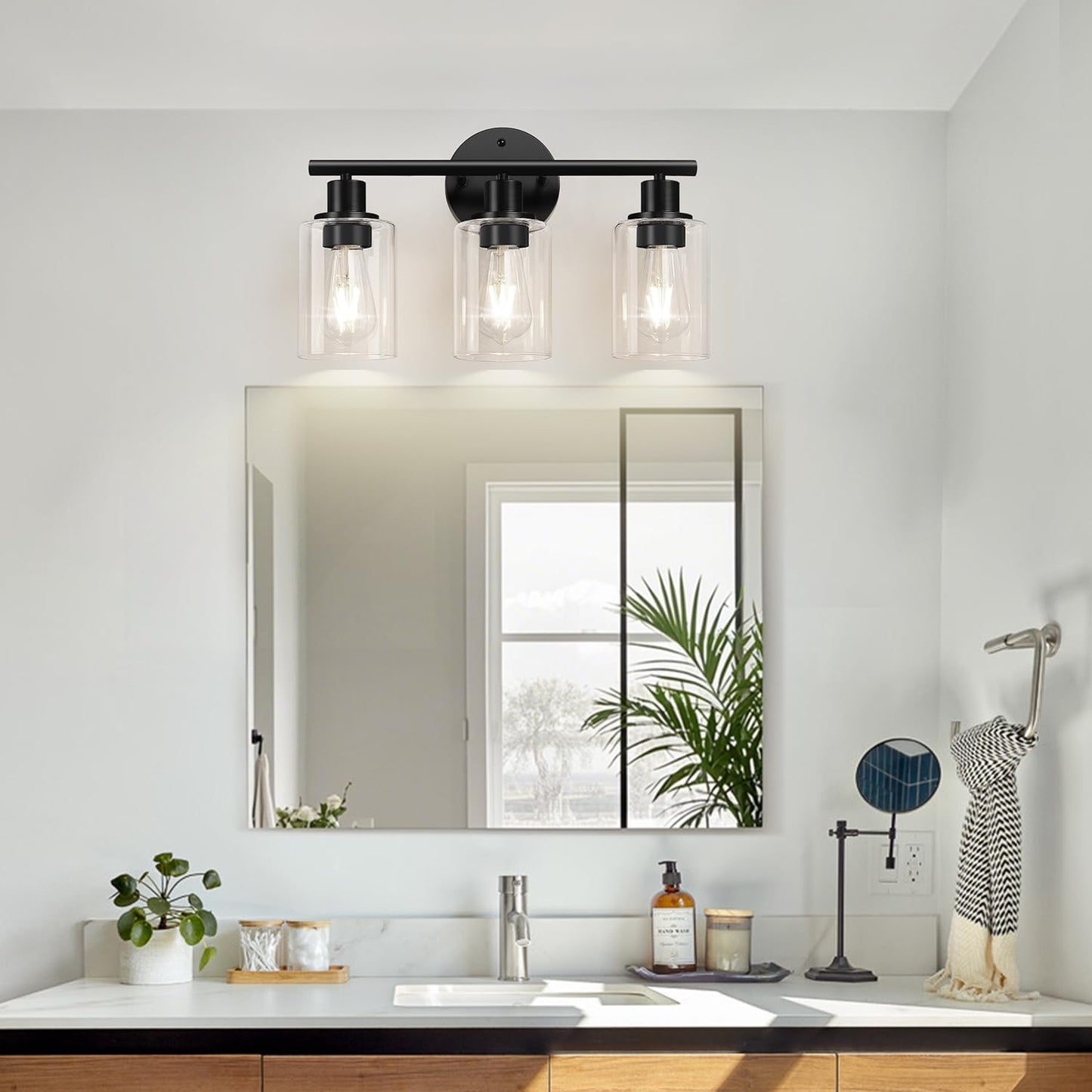 3-Light Bathroom Light Fixtures, 17.23" Black Modern Vanity Lights with Clear Glass Shade, Bathroom Wall Lamp for Mirror Kitchen Living Room Hallway Cabinet Porch