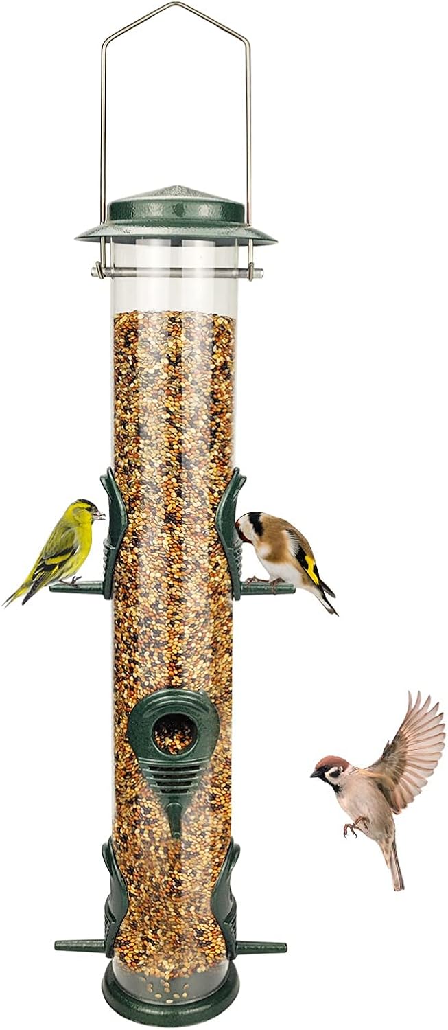 Metal Bird Feeder Tube Hanging Wild Bird Seed Feeder Aluminum Six Port Bird Feeders,1.4 mm Extra Thick Solid Tube Transparent with Steel Hanger Great for Attracting Birds