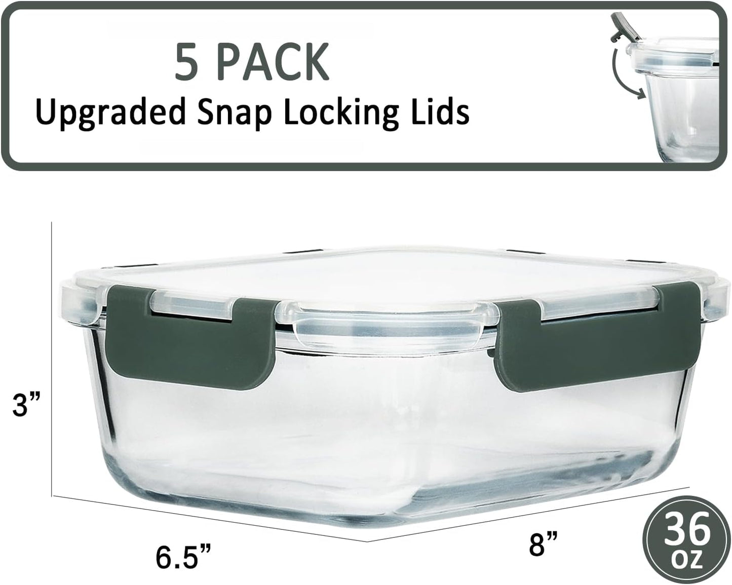 M MCIRCO [5-Packs, 36 Oz Glass Meal Prep Containers with Snap Locking Lids Glass Food Containers,Airtight Lunch Container,Microwave, Oven, Freezer and Dishwasher (4.5 Cup)