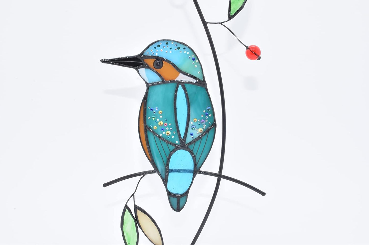 Lolitarcrafts Kingfisher Stained Glass Window Hangings Bluebird on Branch Suncatchers for Window Modern Birds Decor (Blue with Rhinestone)