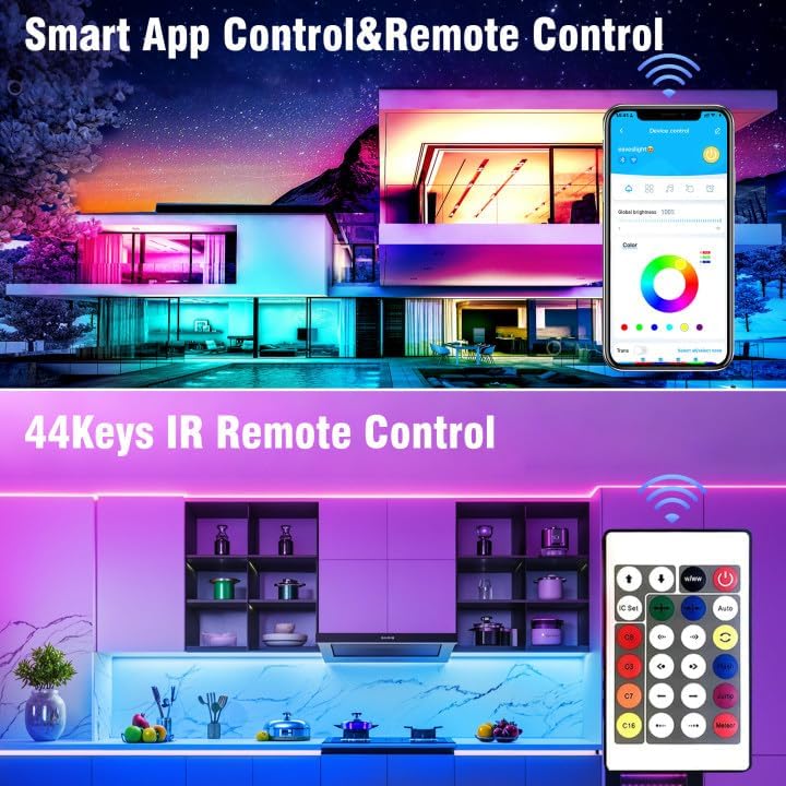 VOLIVO 100ft Led Strip Lights for Bedroom, Color Changing Led Light Strips Kit with Bluetooth App Control and IR Remote, RGB Music Sync Lighting for Room, Home Decor