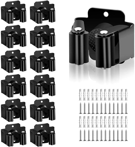 AKOAK Broom and Mop Rack Holder, Wall Storage Organizer, Screw Mount, Garden Tool Organizer Stainless Steel Mop Rack, Home, Kitchen, Bathroom, Garden, Garage Storage (12 PCS, Black)
