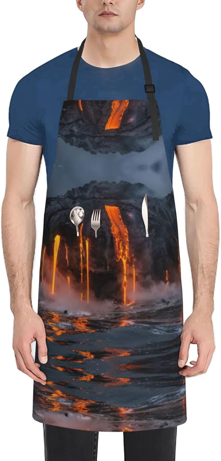 Kilauea Volcano Print 28x33 In Adult Kitchen Apron with Pockets Versatile Chef Smock for Cooking Baking