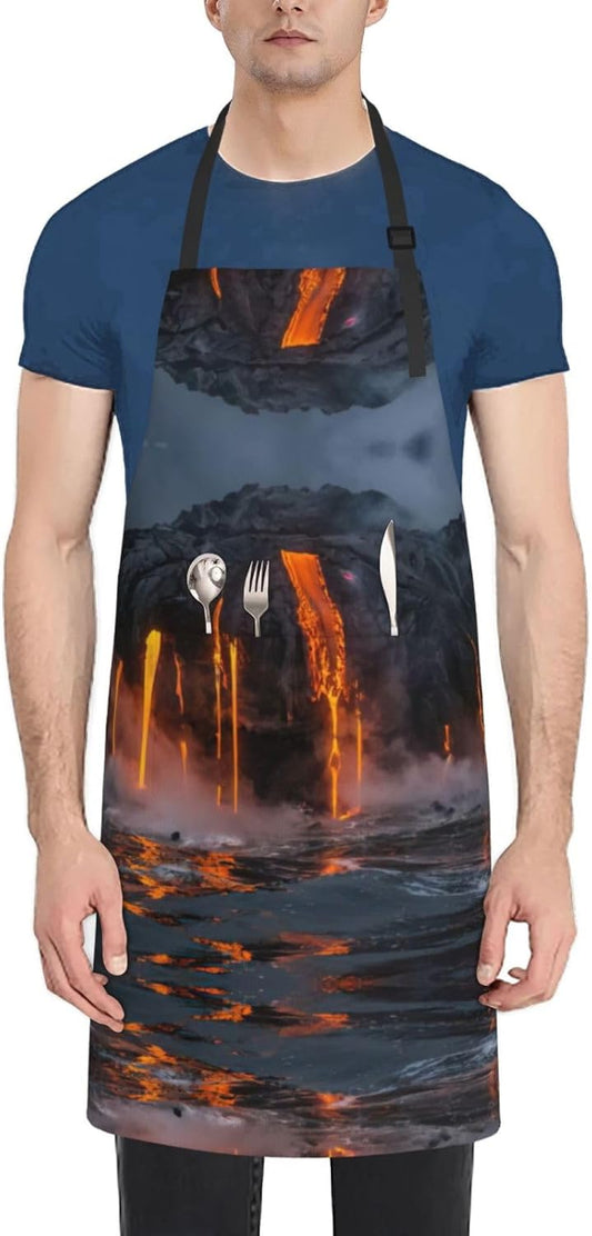 Kilauea Volcano Print 28x33 In Adult Kitchen Apron with Pockets Versatile Chef Smock for Cooking Baking