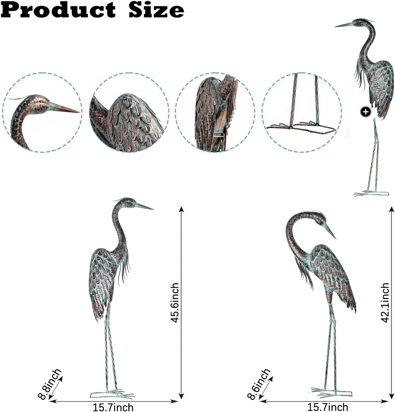 Kircust Garden Crane Statues, Standing Metal Patina Heron Decoy Outdoor Statue, 42-46 Inch Bird Yard Art for Patio Lawn Pond, Set of 2